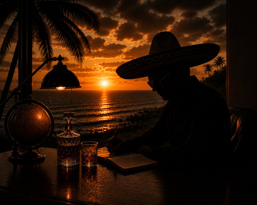 Silhouette of the author in a sombrero, writing at a desk in front of an ocean sunset